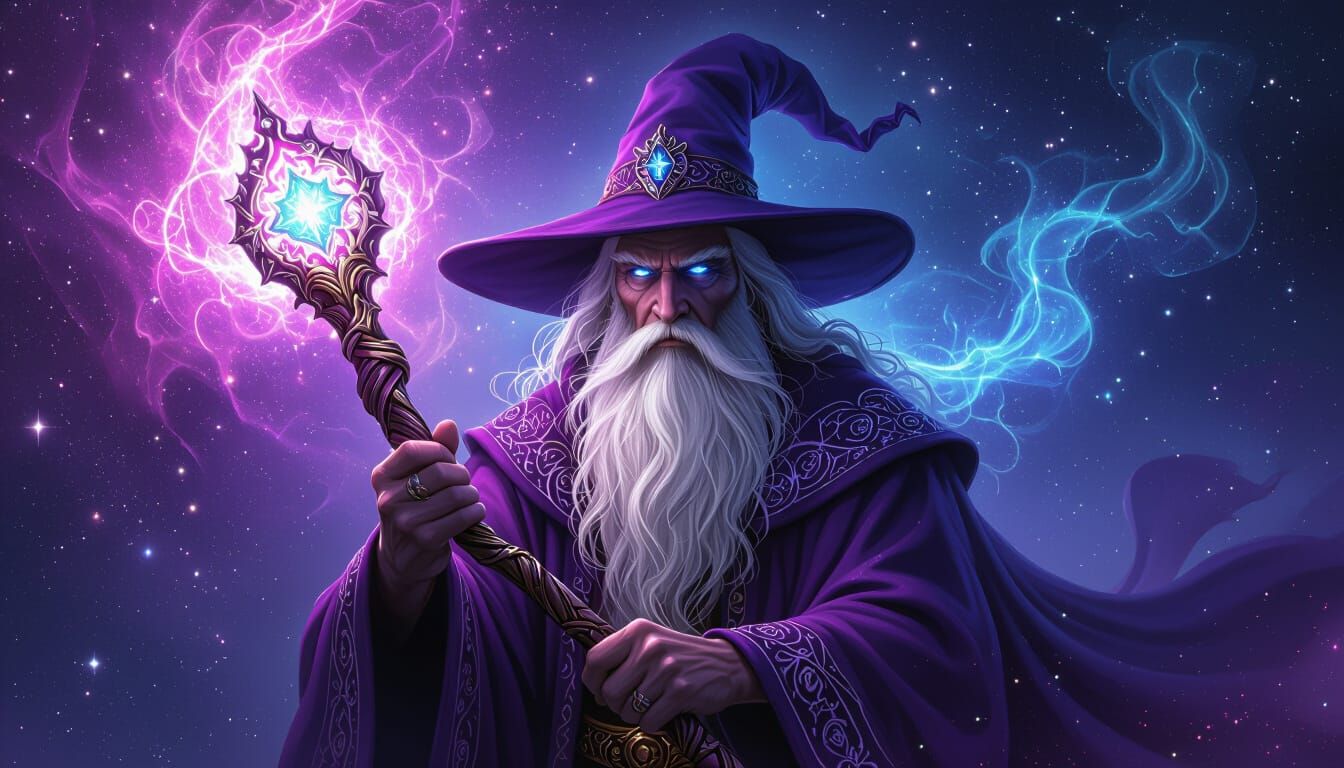 Mysterious Wizard with Glowing Staff in Cosmic Nebula