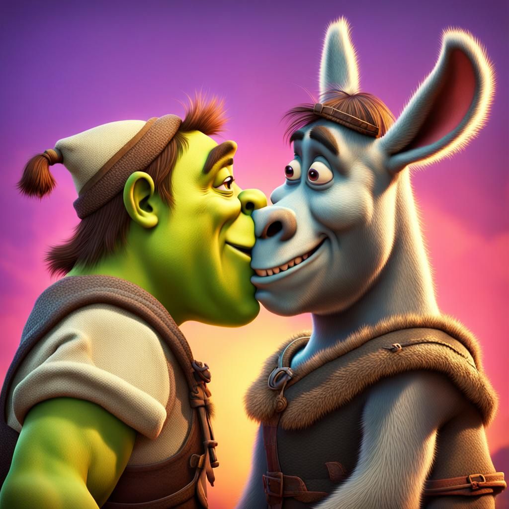 Shrek and Donkey Kiss: 3D Digital Art