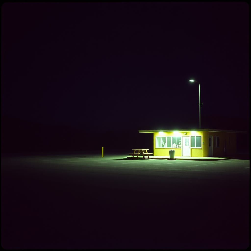 Deserted Rest Stop at Night in Cinematic Style