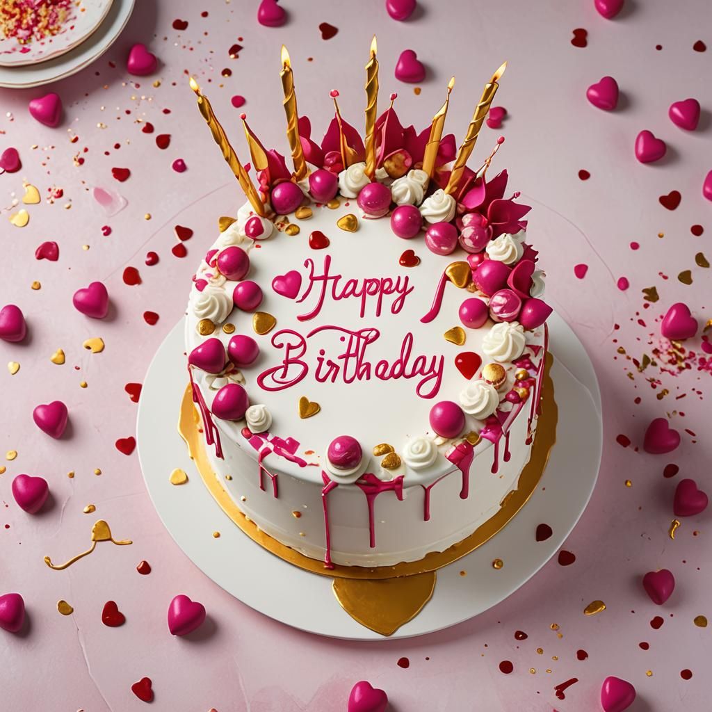 Elegant Birthday Cake with Golden Drip in 3D Anime Style