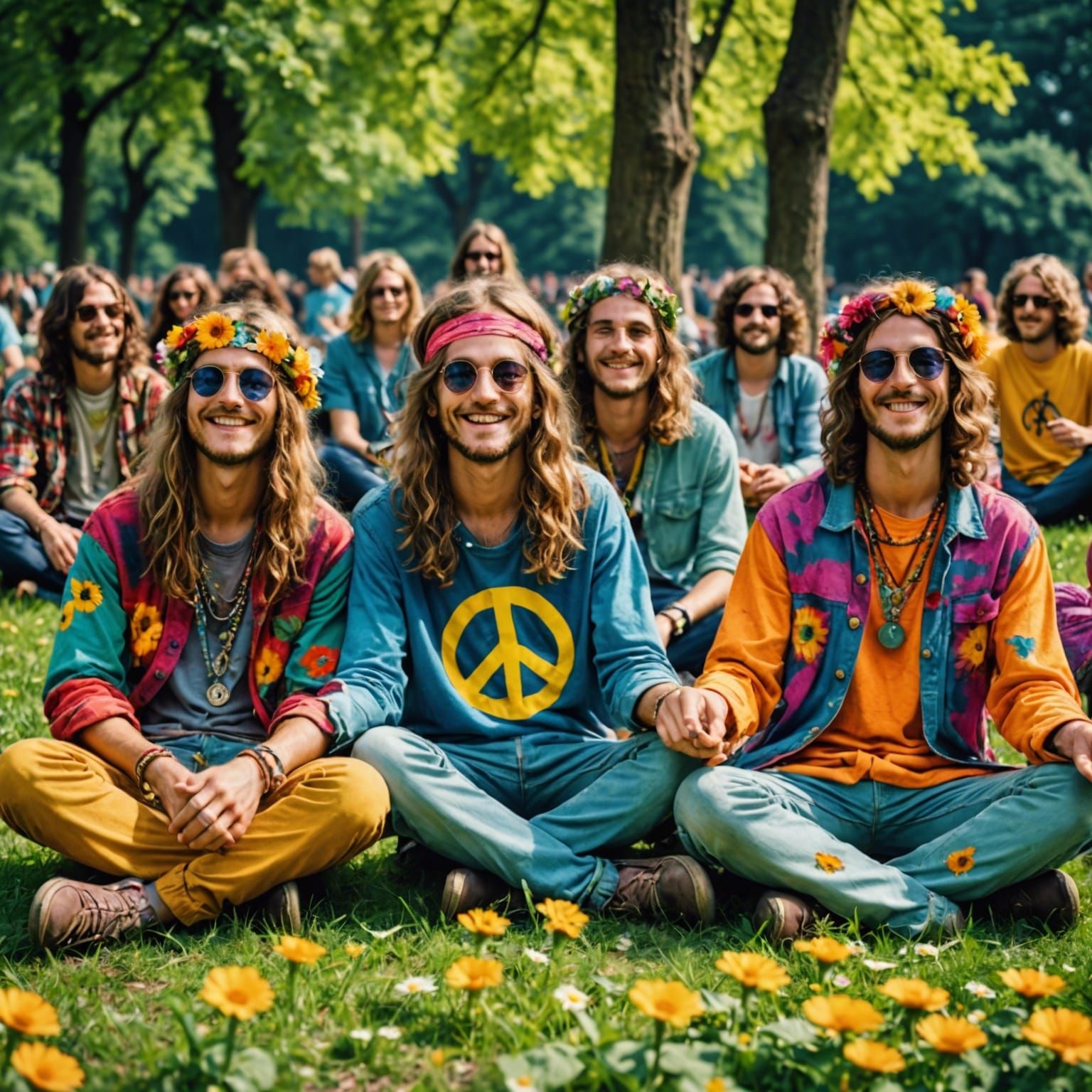 Happy Hippies in a Park with Peace Symbol