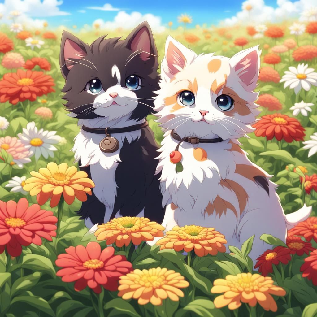 Kitten and Puppy Playing in Zinnia Field: Anime Style