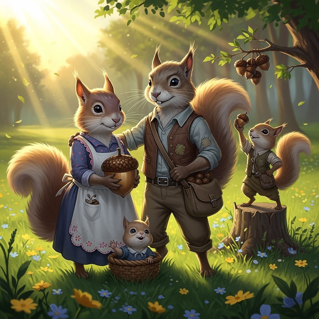 A family of anthropomorphic squirrels , with acorns in a sun...
