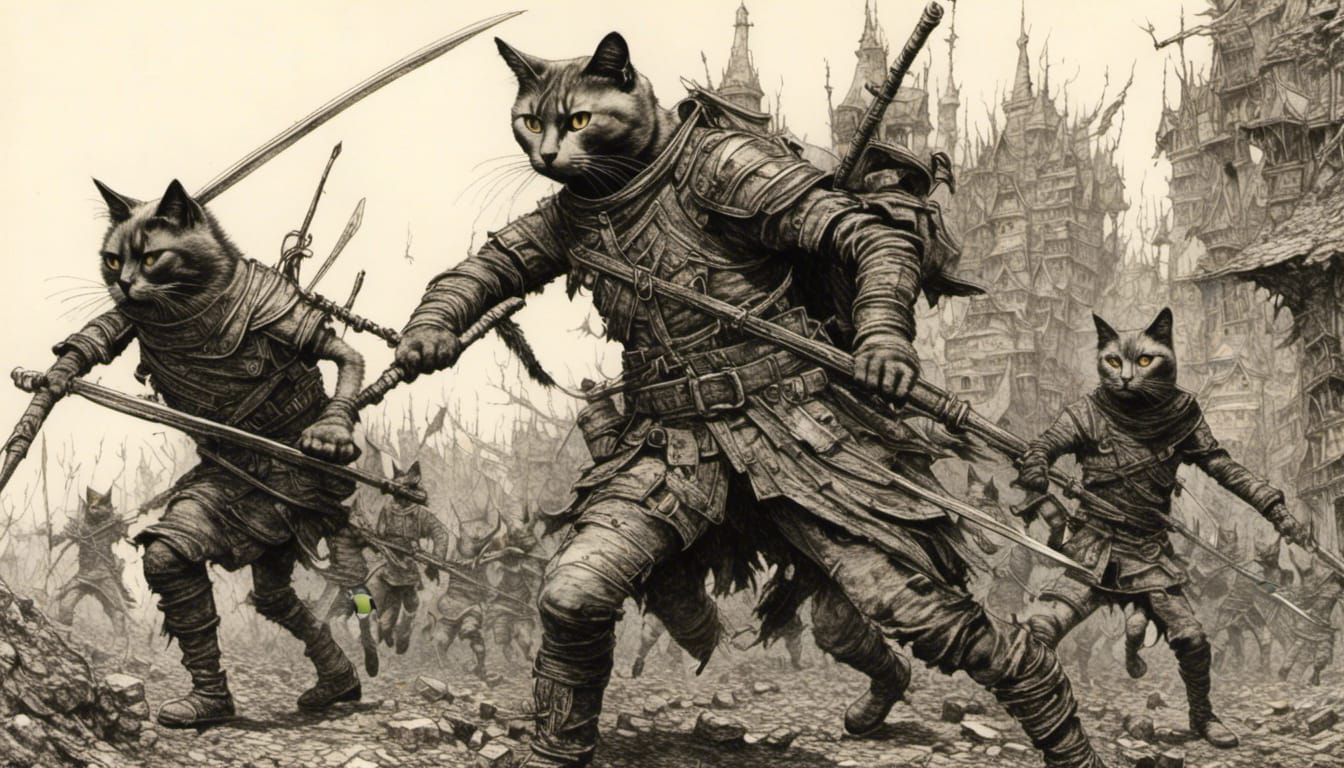 Cat Warriors in Combat: 3D Rendered Fantasy