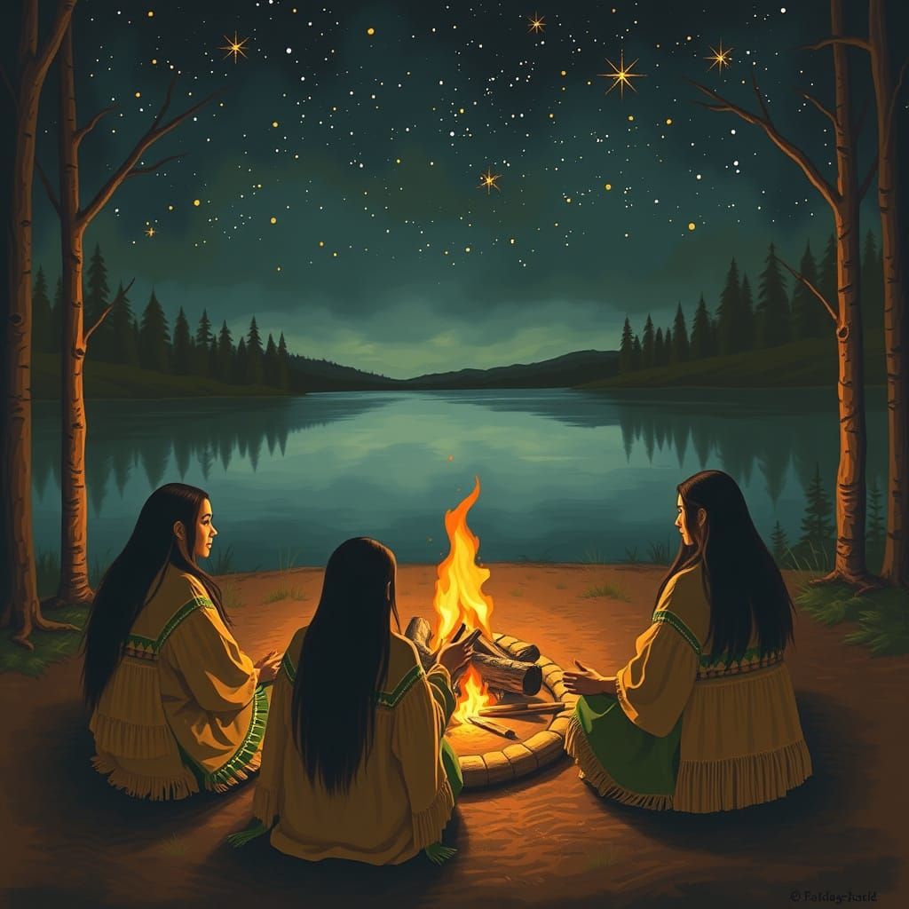 Native American Woman by Lake Under Stars
