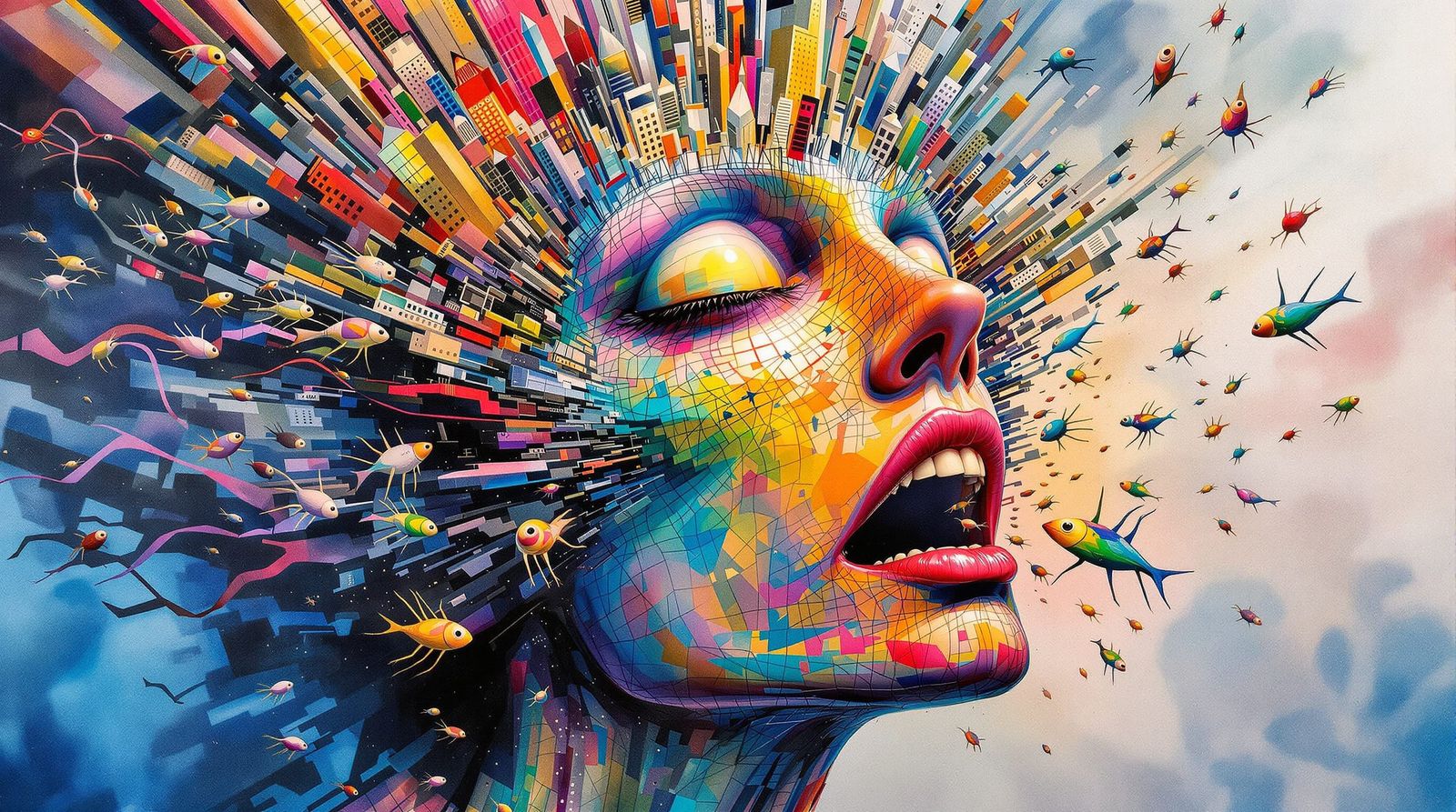 Surreal Face With City Hair and Lemmings