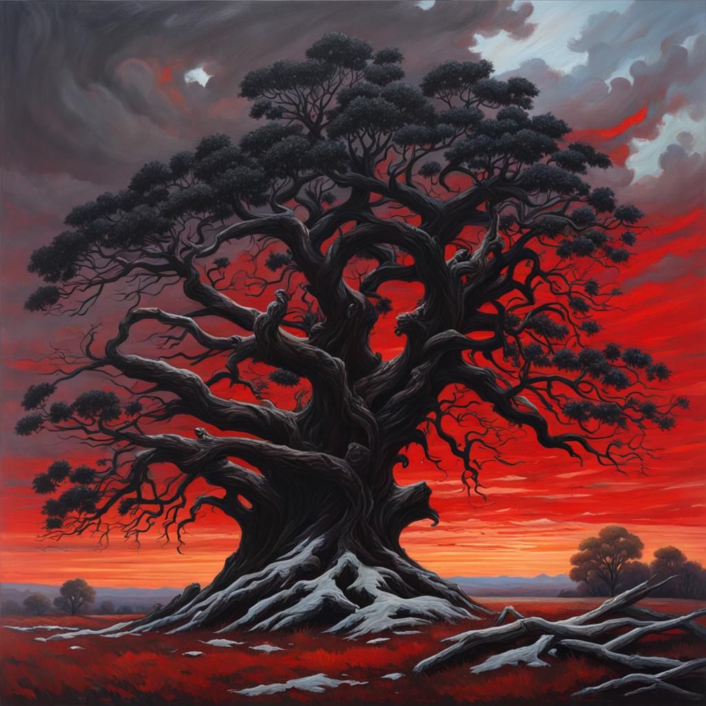 Surreal Tree with Black Leaves and Red Sky