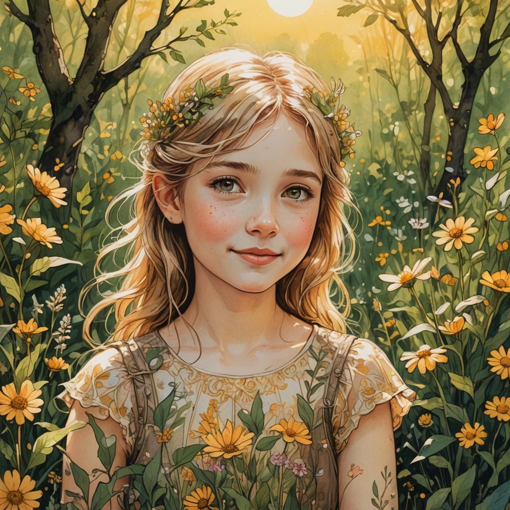 Fairycore Girl in Sunlit Meadow: European Ink Painting