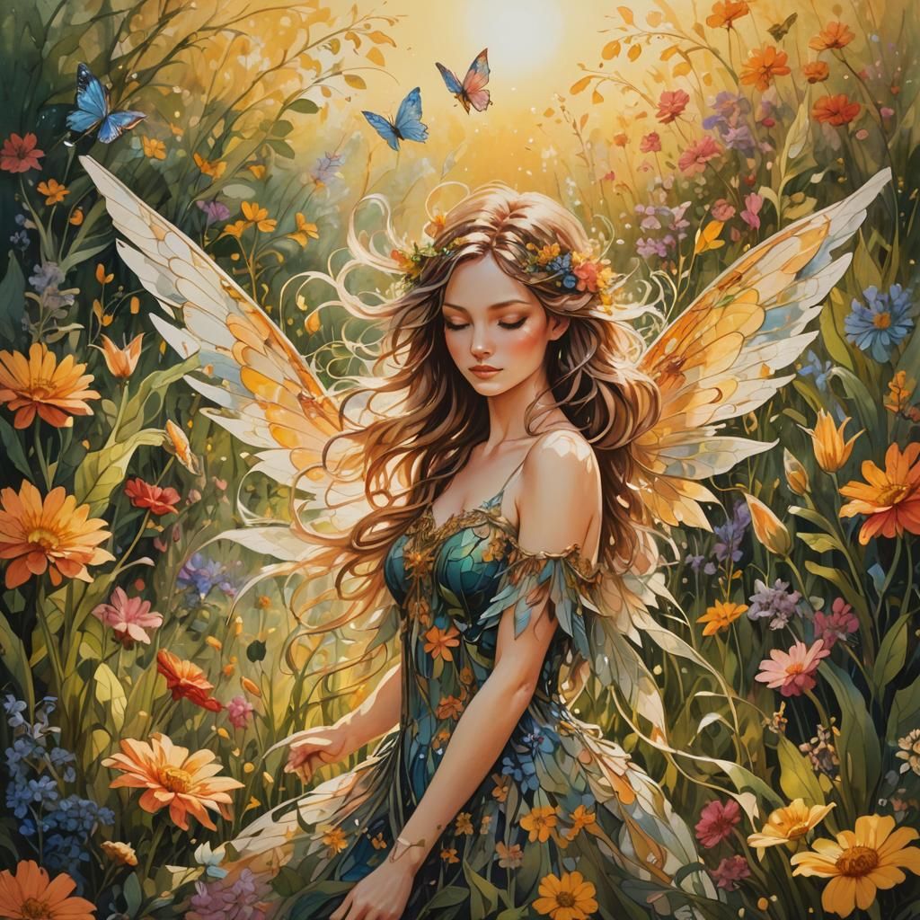 Whimsical Fairy in Vibrant Meadow, Ink Painting in Cyberpunk...