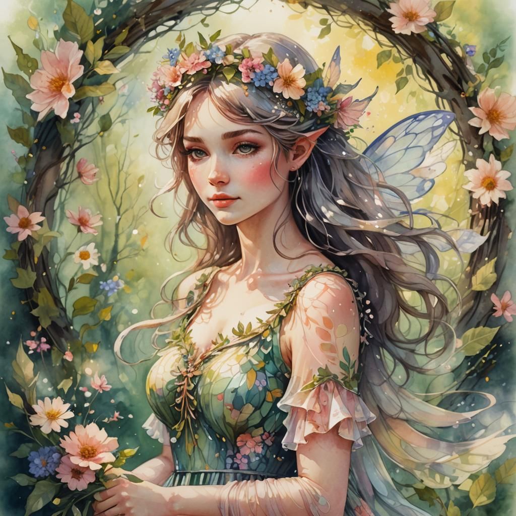 Fairy in Sunlit Glade as Watercolor Painting