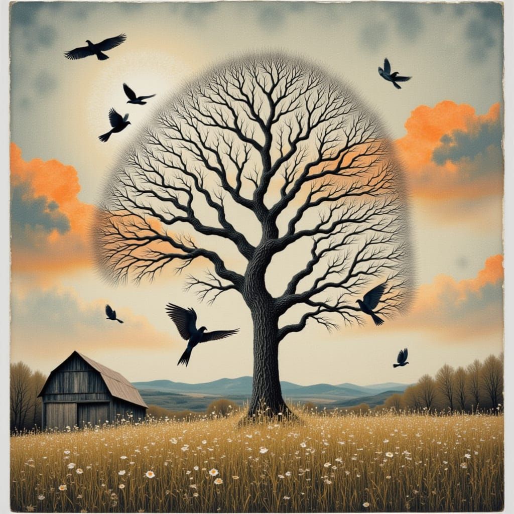 Rural Barn Scene with Birds, Mixed Media Collage