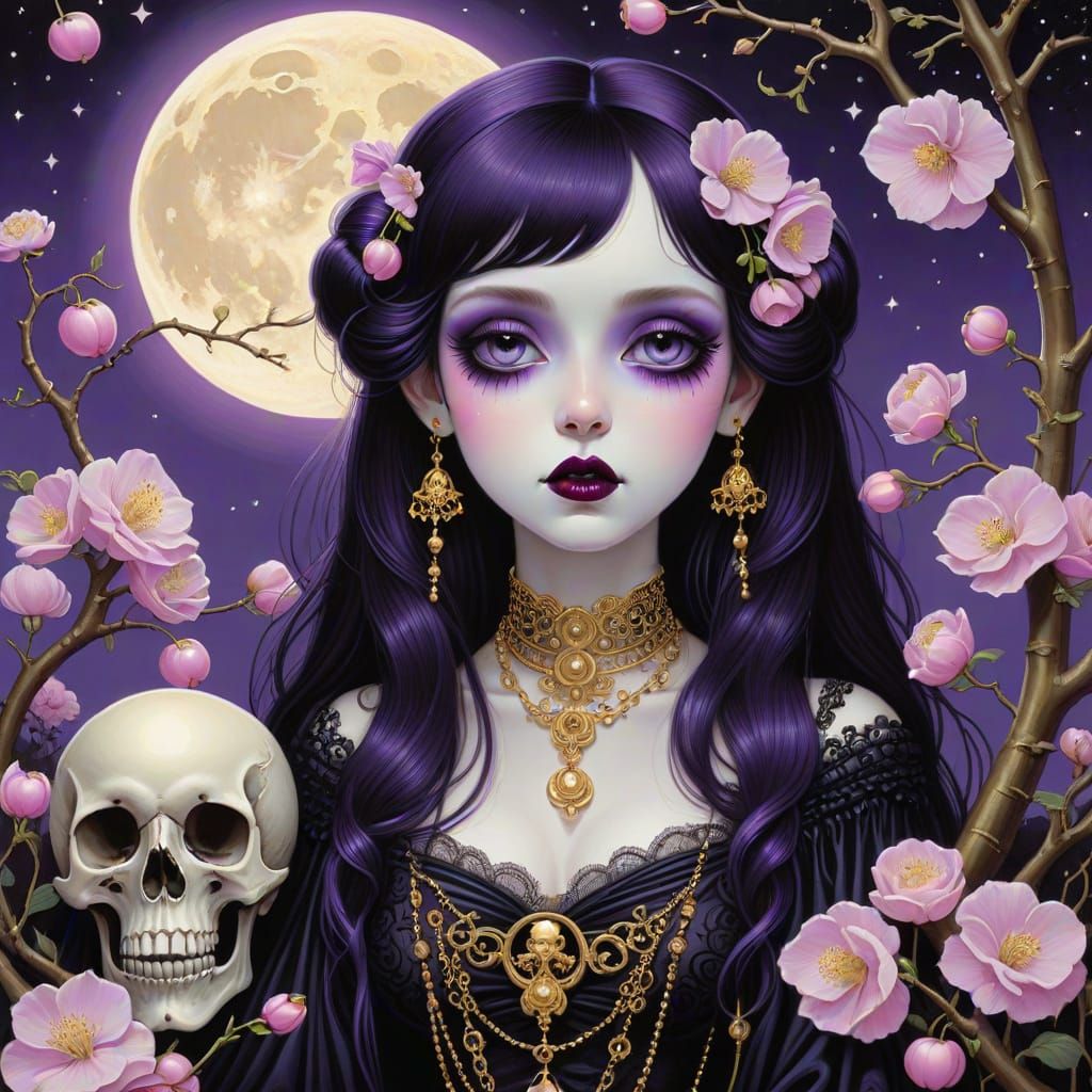 Goth Girl under Cherry Moon in Whimsical Macabre Style