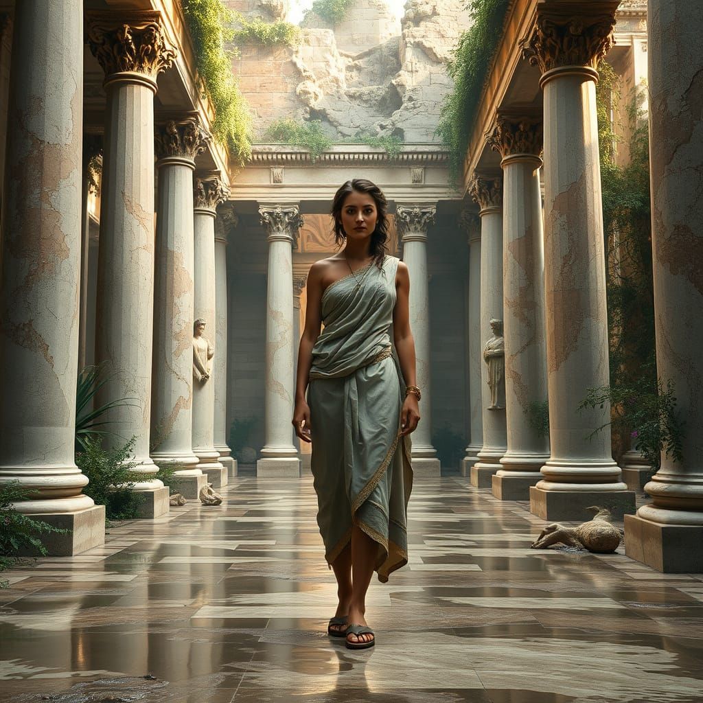 Ancient Greek Goddess in Ruined Palace Atrium