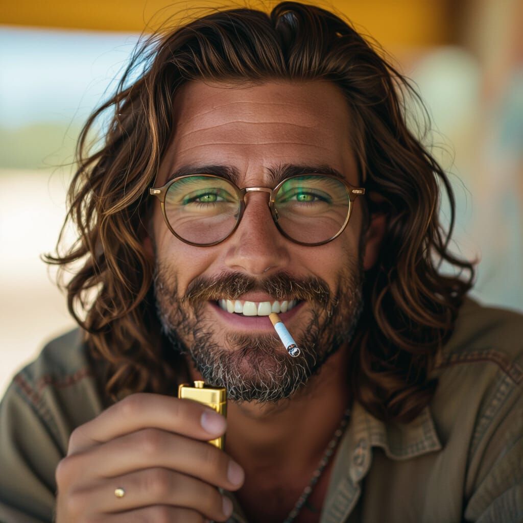 Hippie Man with Cigarette and Golden Lighter