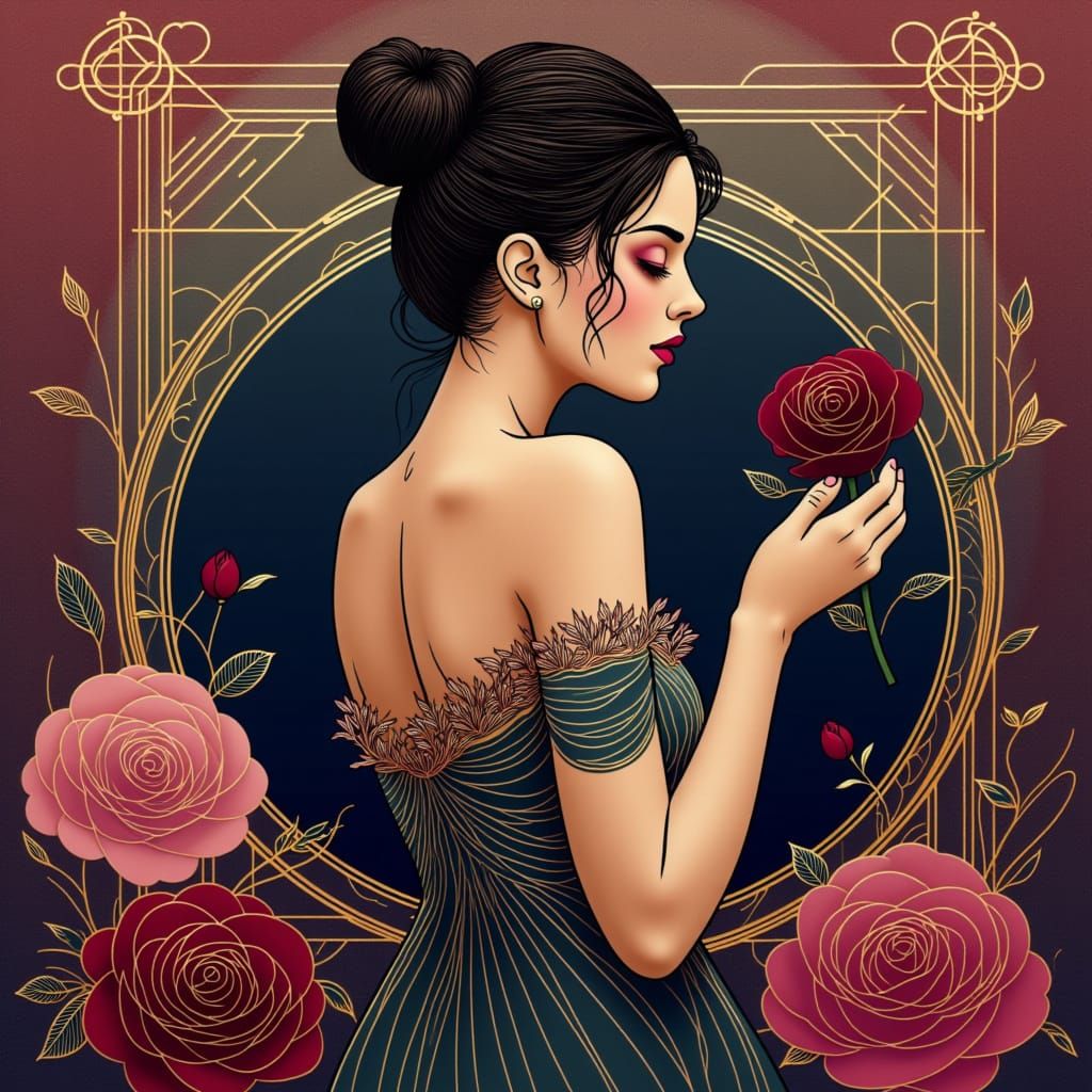 Elegant Woman Surrounded by Roses in Whimsical Artistic Styl...