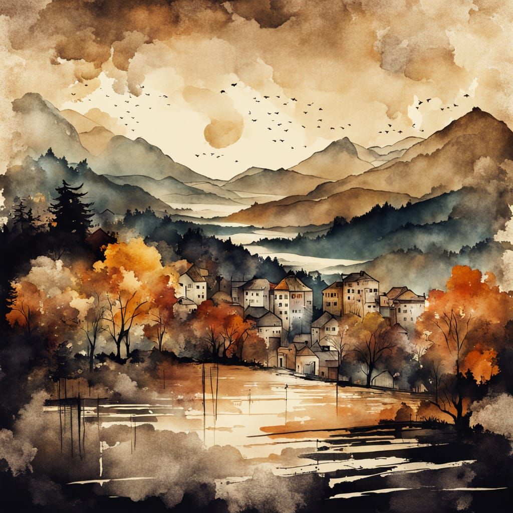 Vintage Autumn Cityscape in Earth Tones