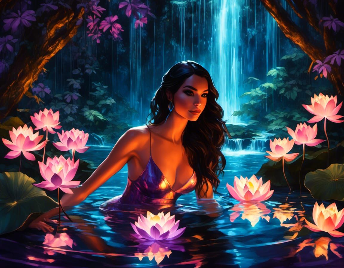 Brunette Girl Bathing in Forest Glade with Lotus