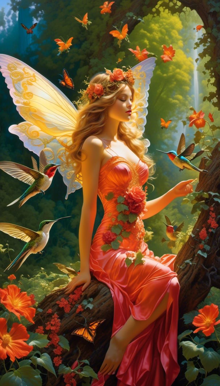 Photorealistic Fairy in Valley with Hummingbirds as Impasto
