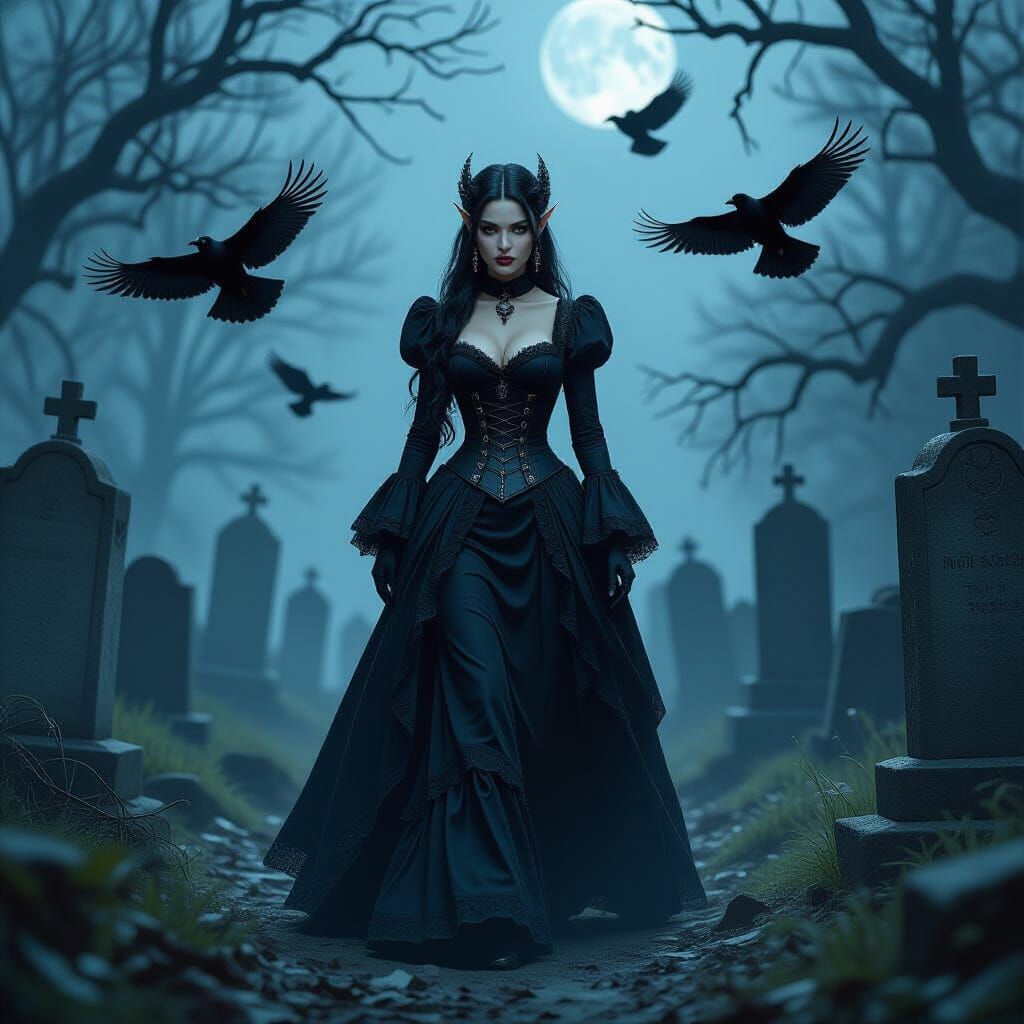 Elf Woman in Victorian Gown in Misty Cemetery