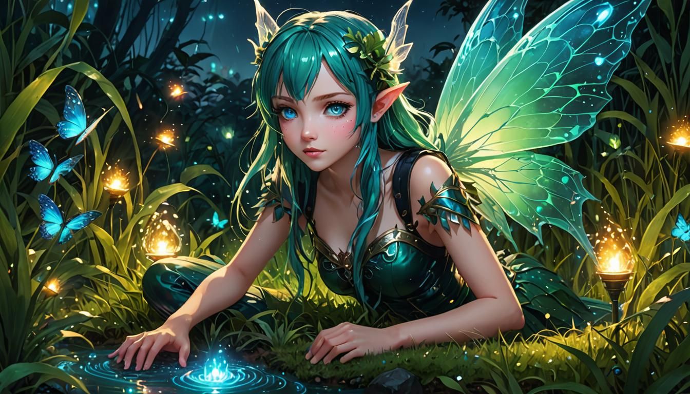 Anime Fairy with Bioluminescent Hair in a Giant World