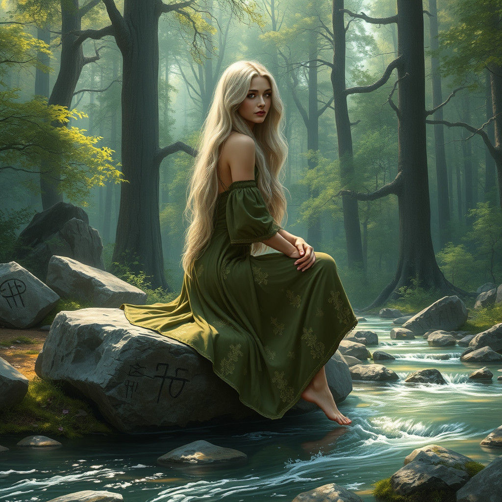 Forest Nymph Contemplating Petroglyphs in Fantasy Art Style