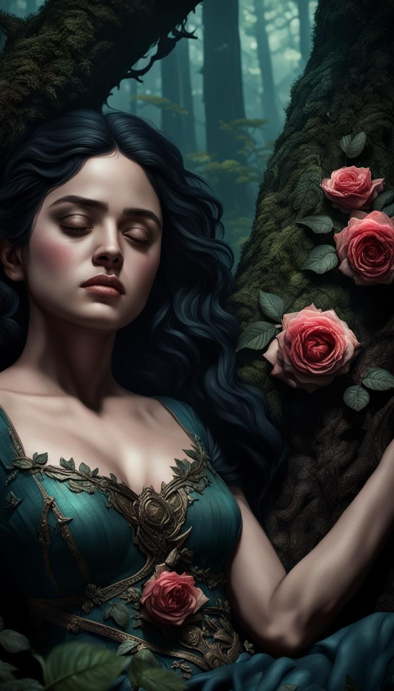 Fantasy Portrait: Woman Sleeping in Dark Forest
