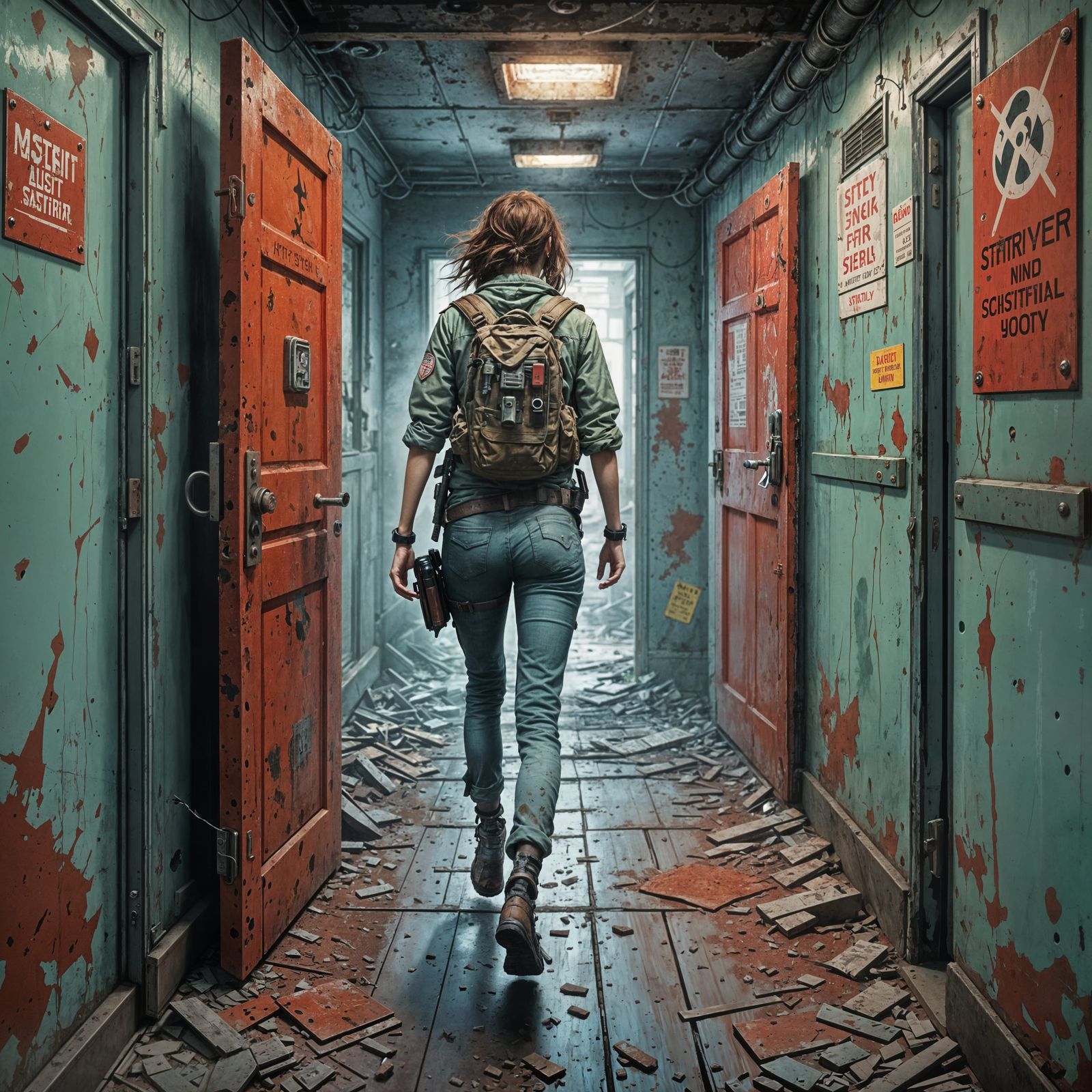 Girl Runs Through Desolate Corridor in Pastel Apocalypse