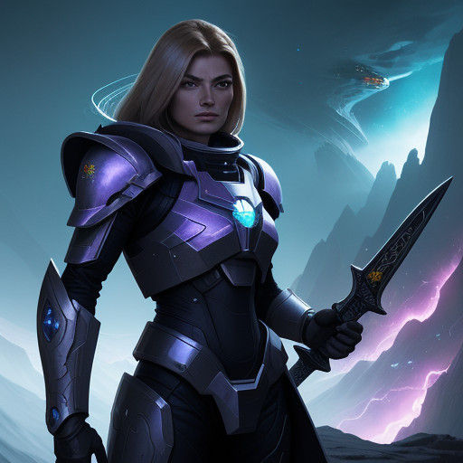 Ethereal Space Warrior: Golden Armor, Neon Hues, and Cosmic...