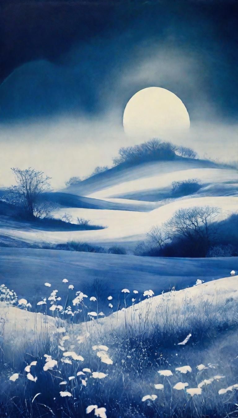 Ethereal Cyanotype Landscape with Flowers and Moon