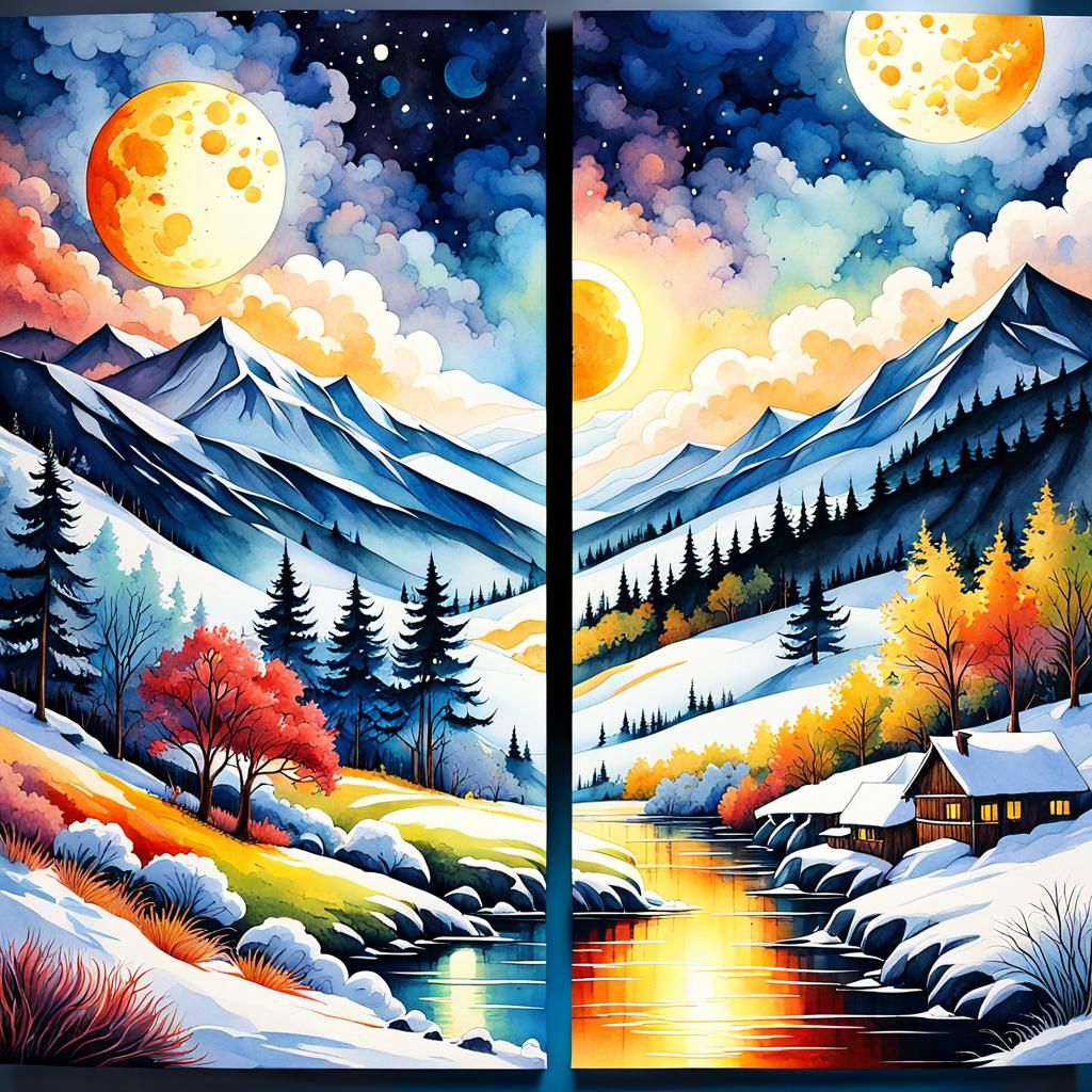Watercolor Winter and Summer Landscape in Abstract Art