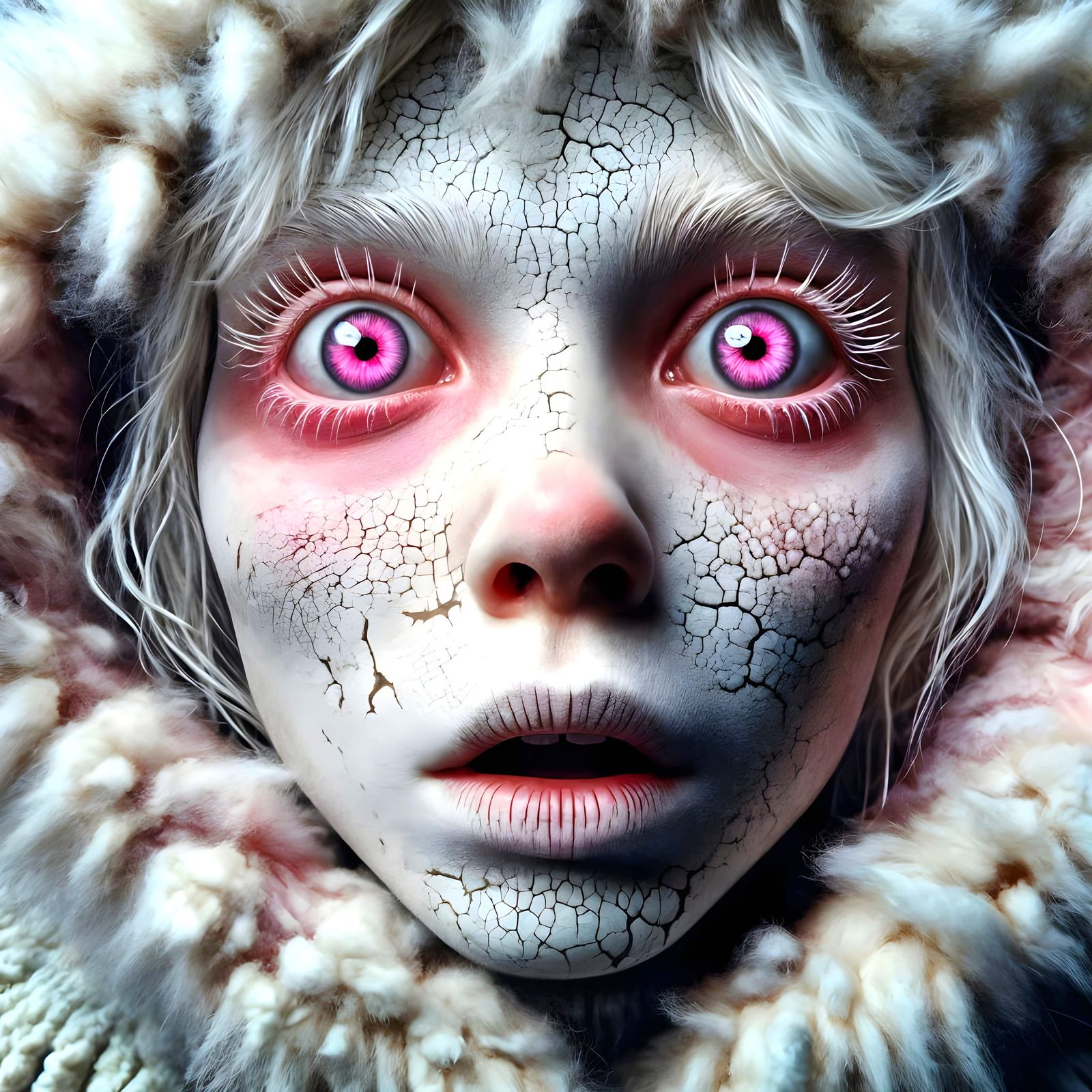 Surreal Pink-Eyed Woman in Dreamlike Avant-Garde Style