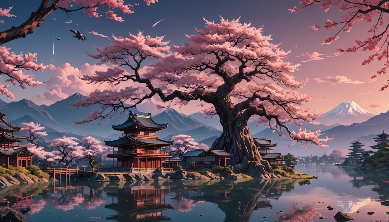 Cyberpunk Sakura Tree with Temples in Anime Style