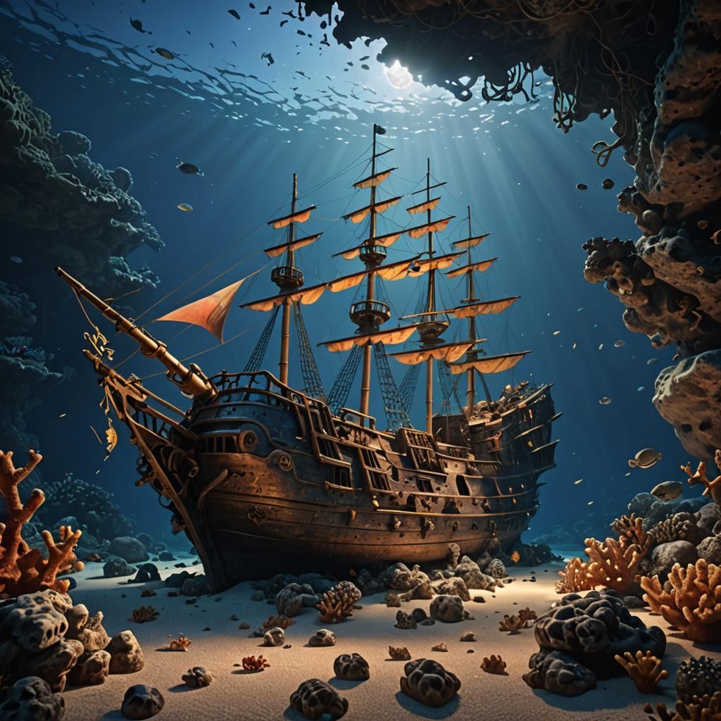 Coral Reef Pirate Shipwreck at Twilight