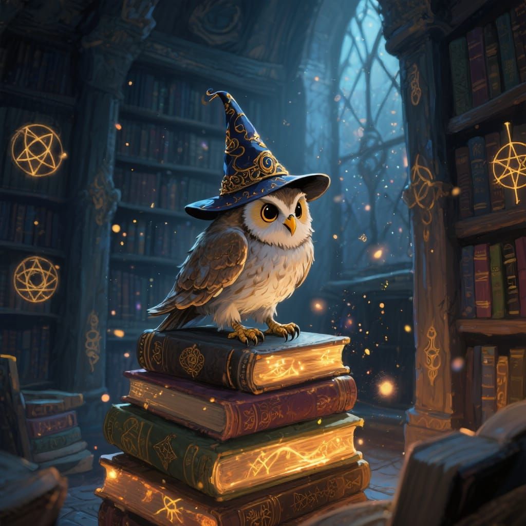 Whimsical Wizard Owl in a Magical Library