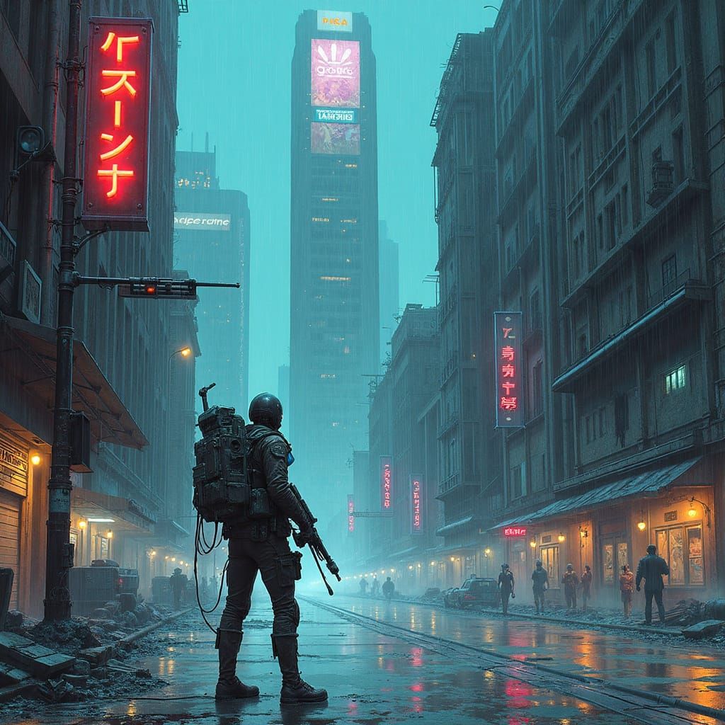 Cyborg Scavenger in Neon City Comic Style