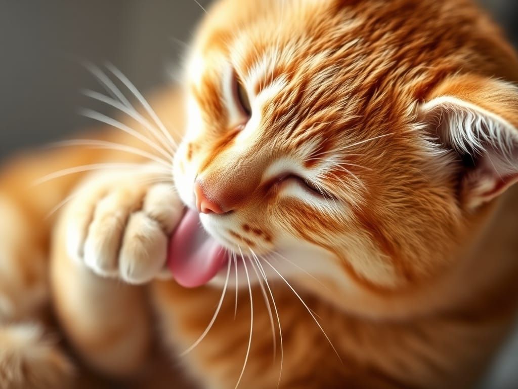 Ginger Tabby Cat Grooming in Natural Light