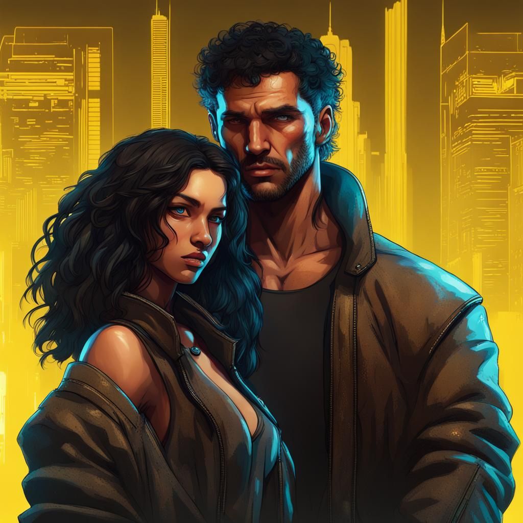 Glowing Neon City Couple in Cyberpunk Style