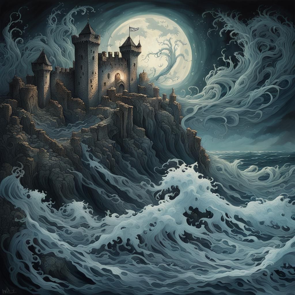 Ethereal Moonlit Castle Seascape in Dark Fantasy Style