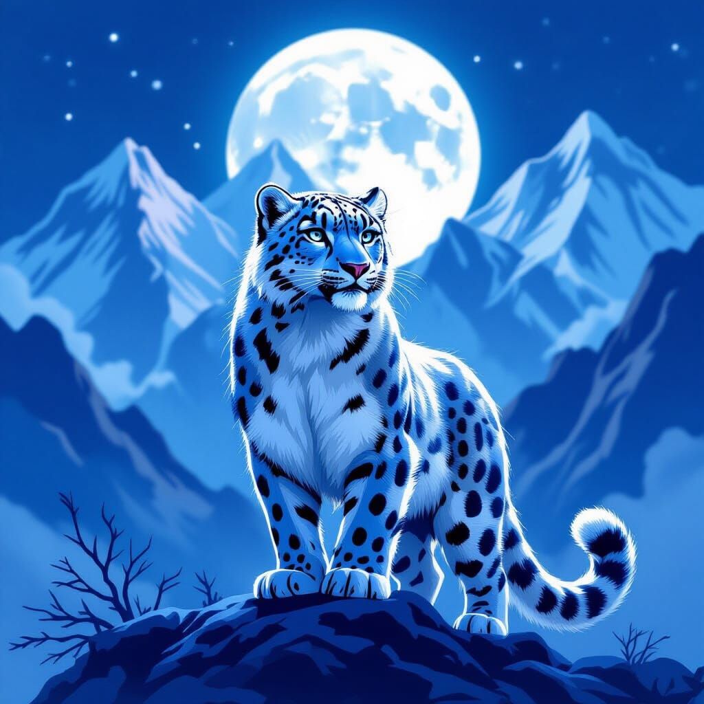 Snow Leopard in Moonlit Silver Light, Comic Art Style