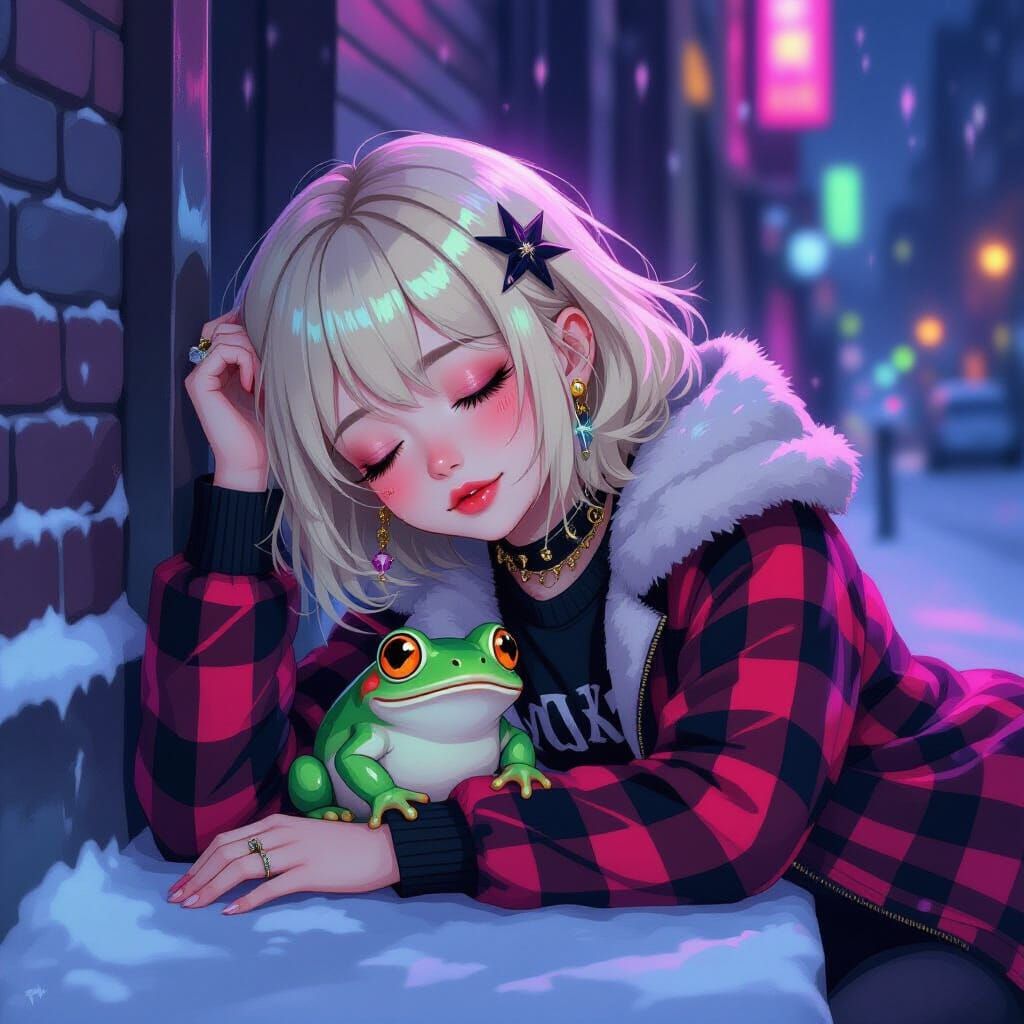 Monster Girl Sleeps on Winter Street Under Mystical Light