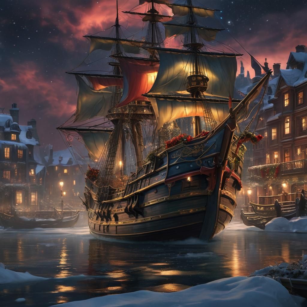 Christmas Corsair Galleon Sailing Under Aurora Borealis
