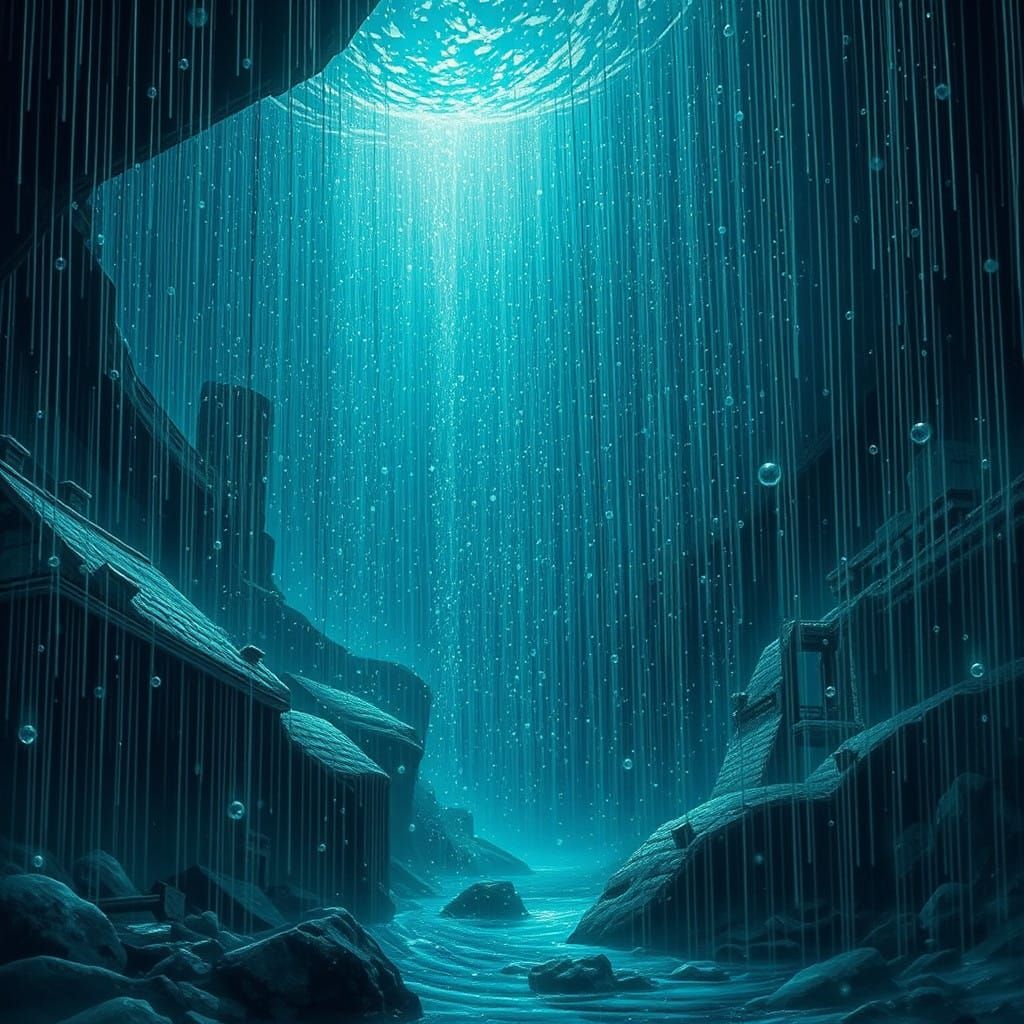 Glowing Rain Droplets in an Underwater City