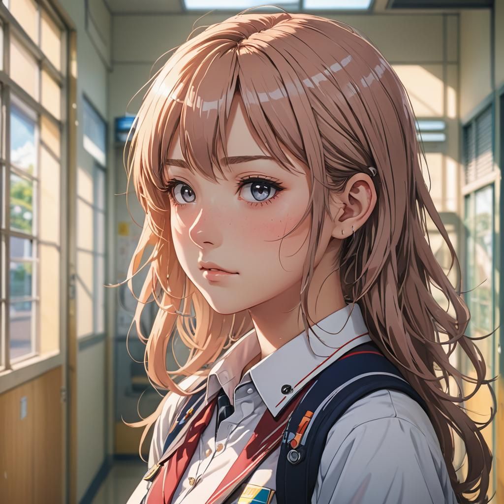 Anime Girl with Pierced Nose in School Hallway