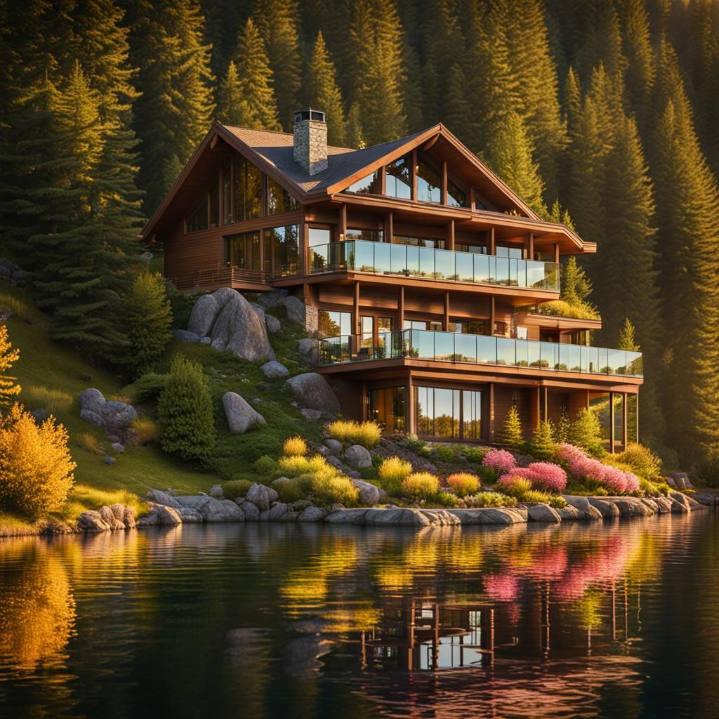 Dreamy Mountain House on Lake: Fantasy Concept Art
