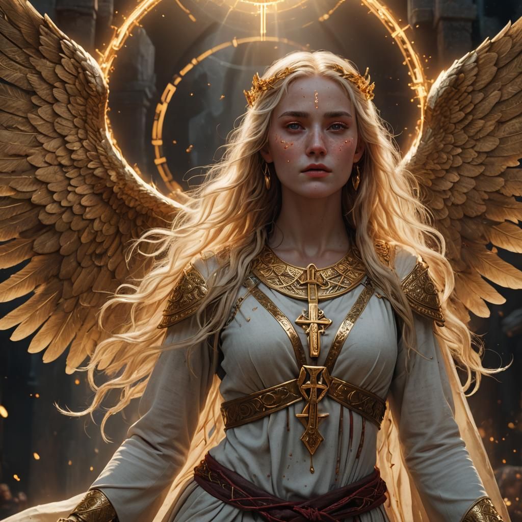 Golden-Eyed Priestess Gazing into Runic Cross