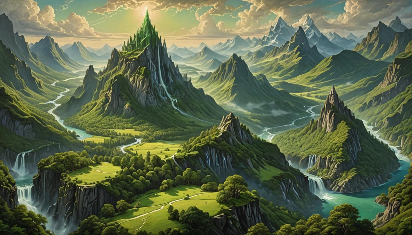 Elven Mountains in Hyperdetailed Oil Painting