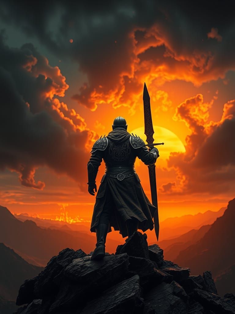 Armored Figure Gazes at Burning Horizon in Dark Fantasy Art