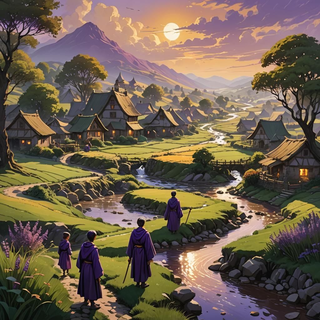 Village Scene with Children in Purple Robes