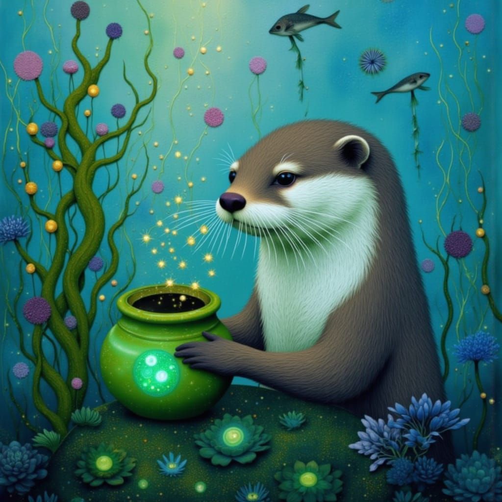 Magical Otter Crafts Potions in Enchanted Seaweed Garden