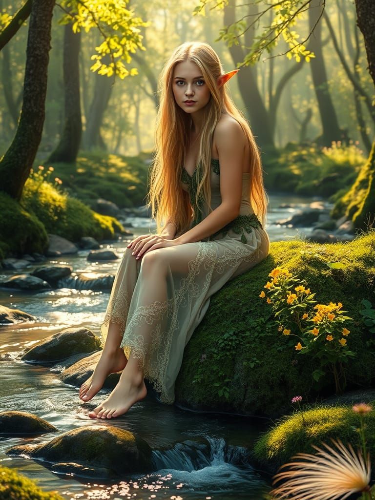 Elven Woman in Forest Glade, Art Nouveau Style